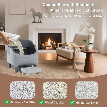 Upgraded Automatic Litter Box with Raised Step, Large Capacity Self Cleaning Litter Box for Multiple Cats with Open Top Design, Safety Protection, Smart App Control, Odor-Free & Health Monitoring