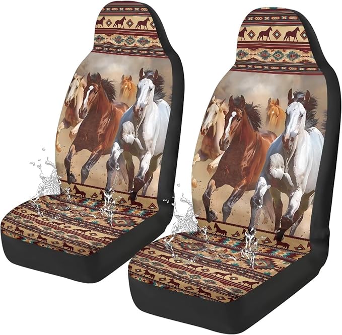 Car Seat Covers Waterproof Western Horse Aztec Front Seat Covers 2 PCS Removable Automotive Interior Accessories for Women Men Universal Fit Most Cars,SUV, Trucks