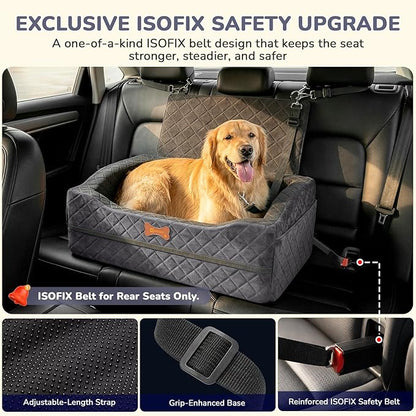 Dog Car Seat for Medium Large Dogs, 4" Elevated Booster Seat with ISOFIX Safety Fixation, Washable Cover & High Density Memory Foam, Portable for Car Front/Rear/Trunk Home Outdoor Use (Charcoal Gray)