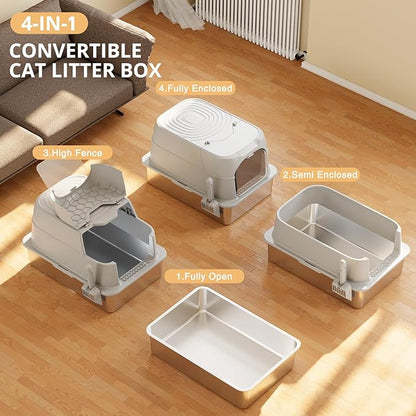 Stainless Steel Cat Litter Box with Lid, 180° Flip-Top XXXL Extra Large Enclosed Litter Box, 26" L x 18" W x 17" H Metal Litter Box with Hight Sides for Big Cats & Multiple Cats-Light Gray