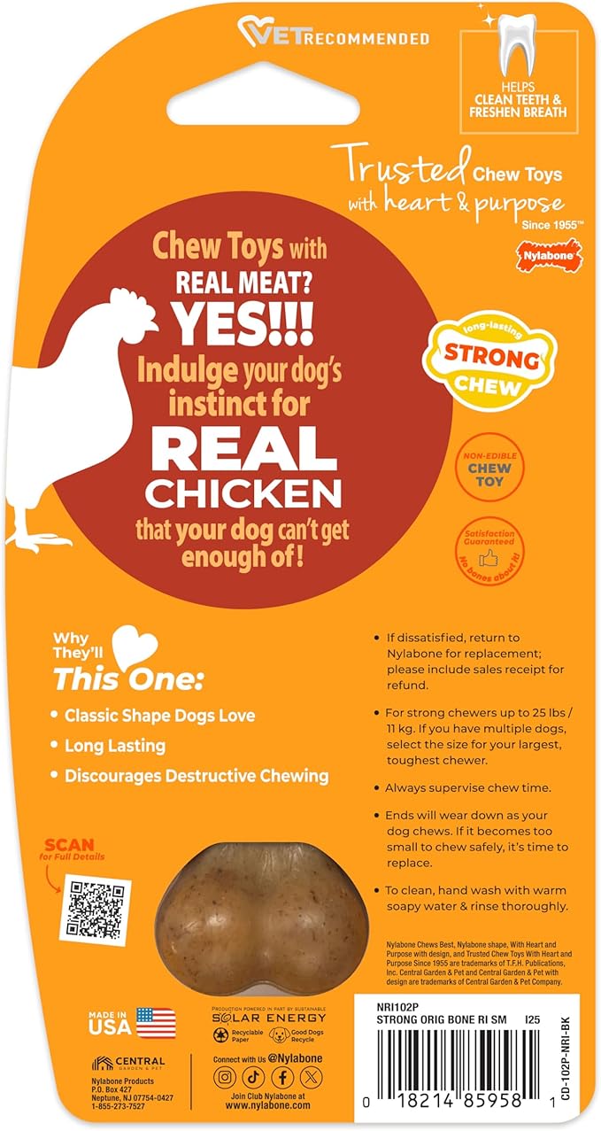 Nylabone Strong Chew Original Bone Dog Toy Made with Real Chicken, Durable Chew Toys for Aggressive Chewers, Long Lasting Dog Bone, Keeps Dogs Busy, Small Breeds - Up to 25 lbs