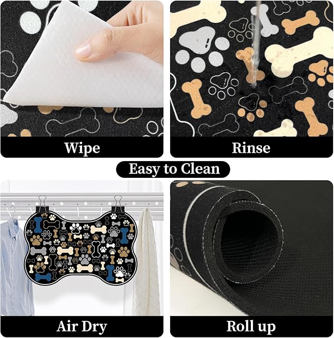 Dog & Cat Food Mat Bone Shaped Pet Feeding Mat Quick Absorb Water Bowl Placemat with Rubber Backing Indoor Floor Stain Resistant Pet Accessory Supplies (Black, 12x18 Inches)