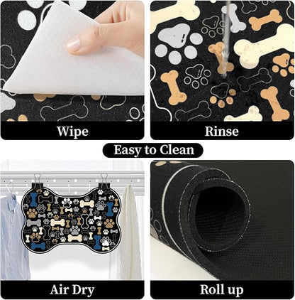 Dog & Cat Food Mat Bone Shaped Pet Feeding Mat Quick Absorb Water Bowl Placemat with Rubber Backing Indoor Floor Stain Resistant Pet Accessory Supplies (Black, 12x18 Inches)