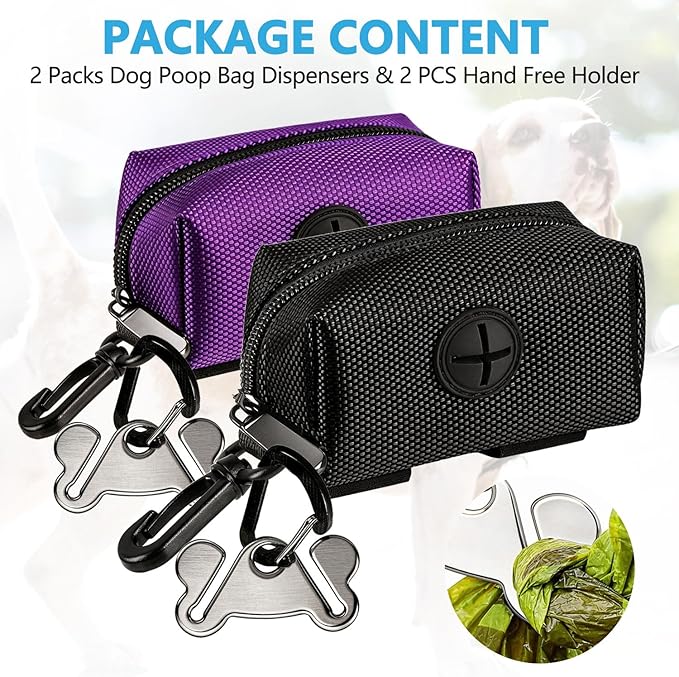 Dog Waste Bag Dispenser Pet Poop Bags Holder for Doggie Waste Bags Dispensers Soft Fabric Zipper Small Doggy Puppy Pouch for Leash Accessory Attachment with Carrier,2PCS Purple&Black