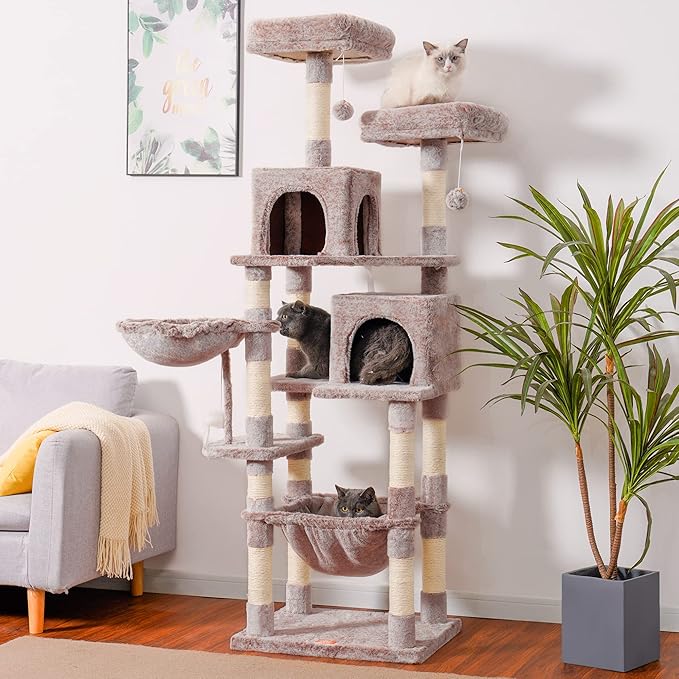 Heybly Cat Tree, 70 inches Tall Cat Tower Condo with Toy for Indoor Large Cats, Cat House Furniture with Padded Plush Perch, Cozy Hammock and Sisal Scratching Posts, Muchroom HCT032MU