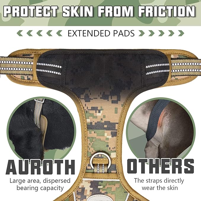 Auroth Tactical Dog Harness for Large Dogs No Pull Adjustable Pet Harness Reflective Working Training Easy Control Pet Vest Military Service Dog Harnesses Woodland Camo XL