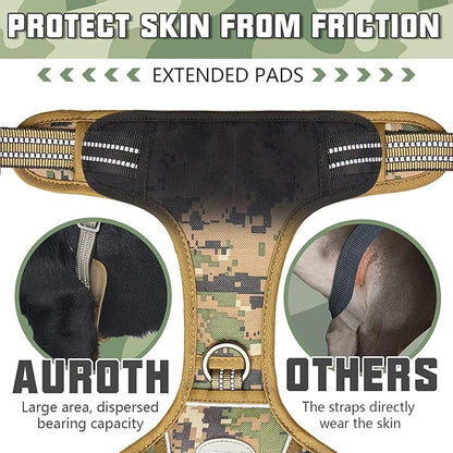 Auroth Tactical Dog Harness for Large Dogs No Pull Adjustable Pet Harness Reflective Working Training Easy Control Pet Vest Military Service Dog Harnesses Woodland Camo XL