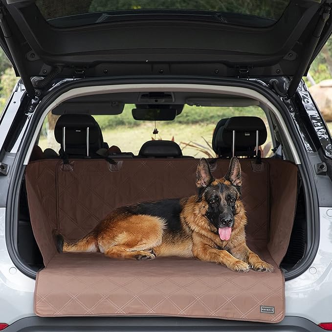Petsfit SUV Cargo Liner for Dogs, Water-Resistant Scratchproof Dog Cover for Car with Side Flap, Durable Washable Dog Trunk Cover for SUV Against Dirt and Pet Hair, Large Size Universal Fit, Coffee