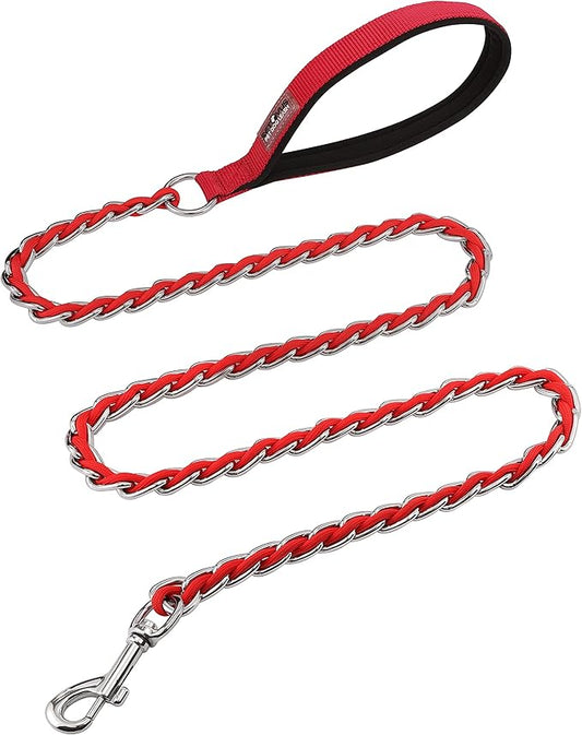 Chain Dog Leash Chew Proof Metal Leash for Medium Large Dogs, Chain Link Dog Anti Chew 5.2FT / 4FT Strong Anti Bite Comfortable Soft Padded Handle (Red, 5FT(80-150lb))