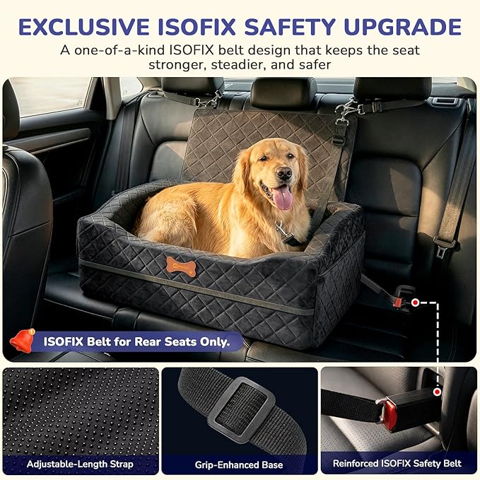 Dog Car Seat for Medium Large Dogs, 4" Elevated Dog Booster Seat with ISOFIX Safety Fixation, Washable Cover & High Density Memory Foam, Portable for Car Front/Rear/Trunk Home Outdoor Use (Jet Black)