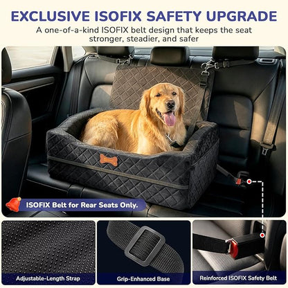 Dog Car Seat for Medium Large Dogs, 4" Elevated Dog Booster Seat with ISOFIX Safety Fixation, Washable Cover & High Density Memory Foam, Portable for Car Front/Rear/Trunk Home Outdoor Use (Jet Black)