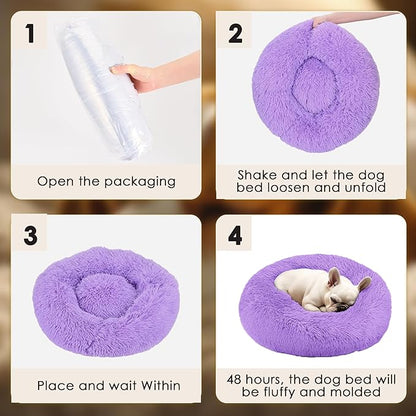 Hoewina Dog & Cat Bed, 20in Cat Beds for Indoor Cats, Calming Donut Bed for Puppy and Kitten, Washable Round Fluffy Pet Bed for Small Medium Dogs and Cats (Purple)