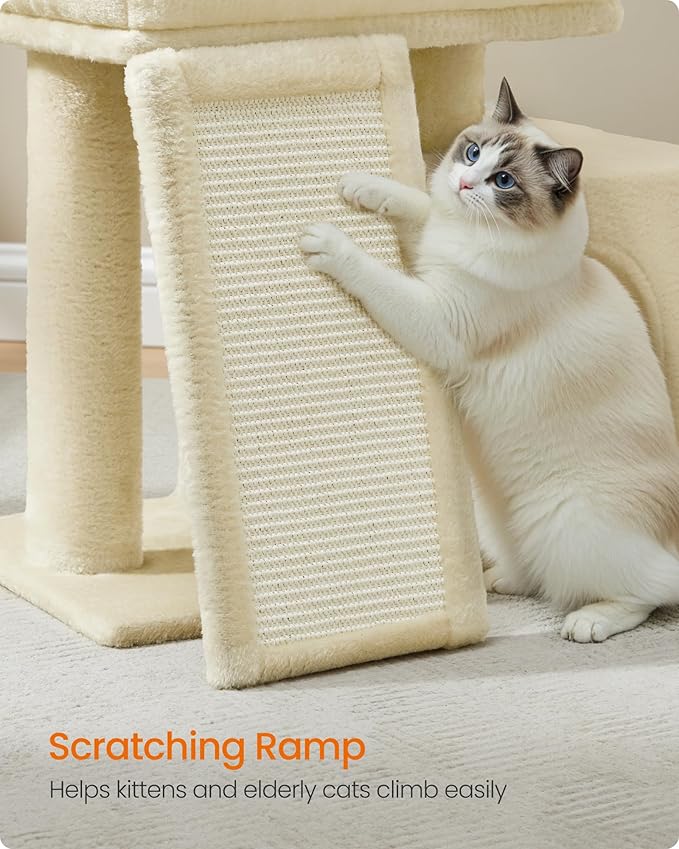 Feandrea Small Cat Tree, Cat Tower Condo, Scratching Ramp, Large Top Perch, Cave, 20.1 x 15.4 x 18.3 Inches, Summer Sand UPCT010LF02S