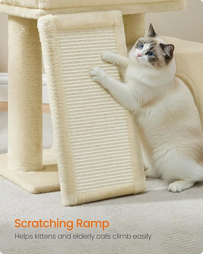 Feandrea Small Cat Tree, Cat Tower Condo, Scratching Ramp, Large Top Perch, Cave, 20.1 x 15.4 x 18.3 Inches, Summer Sand UPCT010LF02S