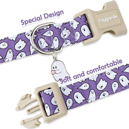 Faygarsle Halloween Dog Collar with Charm, Purple with Ghost Pattern, for Small Medium Large Dogs L