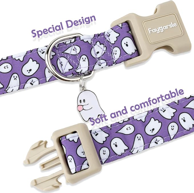 Faygarsle Halloween Dog Collar with Charm, Purple with Ghost Pattern, for Small Medium Large Dogs M
