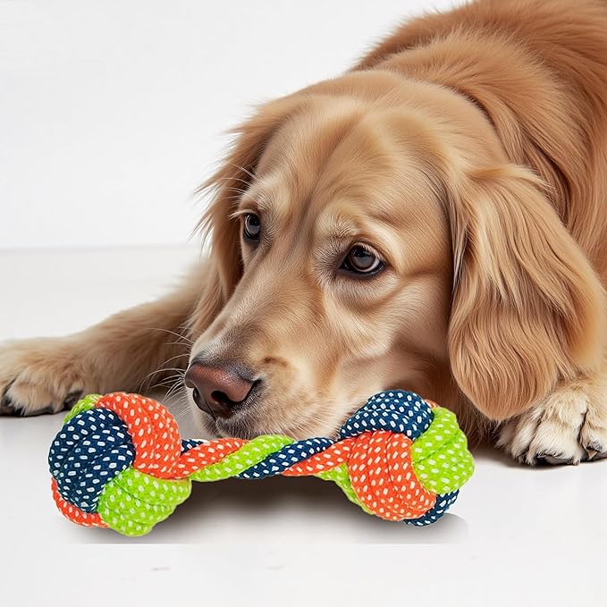 Cotton Rope Dog/Cat Toy, Dumbbell Style Chew Toy, Multicolor Handmade Braided Chew Toy for Dogs/Cats, Tough Dental Knot (2-Piece Set)