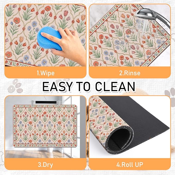 Dog Bowl Mat for Food and Water - Hamdwerk Absorbent Anti Slip Cat Feeding Mats for Floors, Quick Dry Pet Dog Feeding Matts, Diatomite Pet Dish Placemat Supplies, Vintage Floral Style, 16 * 240in