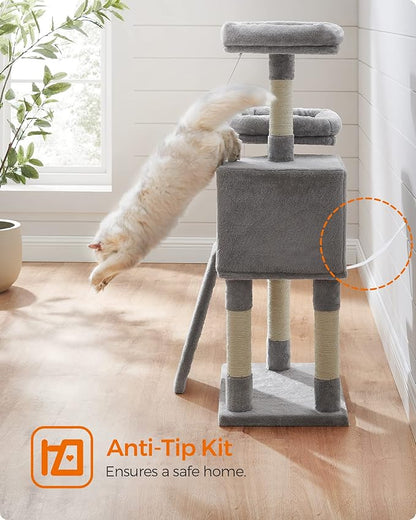 Feandrea Cat Tree, 45.3-Inch Cat Tower, Plush Condo with Scratching Post, Ramp, Perch, Spacious Cave, for Small Space, Light Gray UPCT141W01