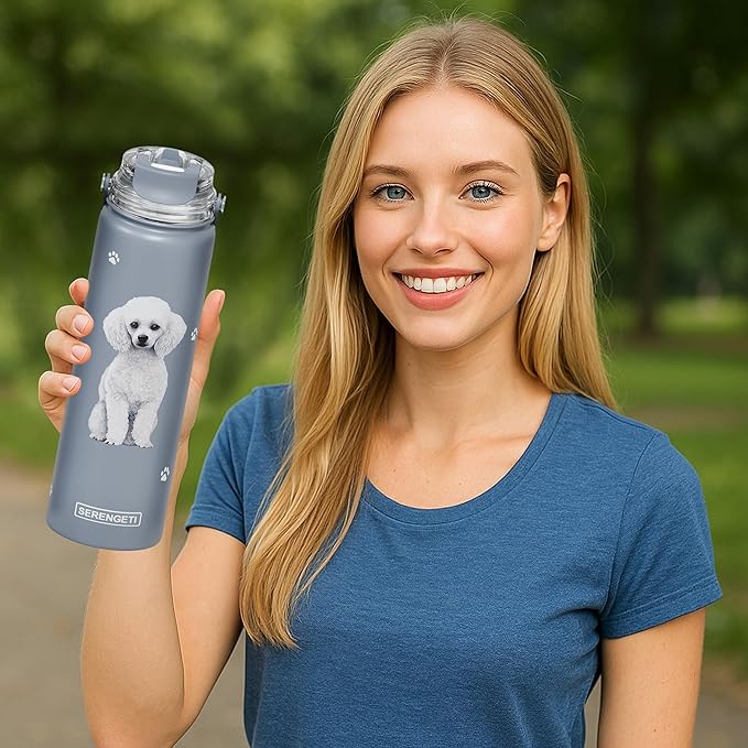 SERENGETI 24 Oz Water Bottle Stainless Steel with Spill Proof Lid - Double walled Vacuum Insulated water flask - Realistic 3D Print of your favorite dog (Poodle)