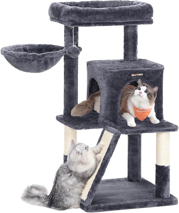 Feandrea Cat Tree, 37.8-Inch Cat Tower, Multi-Level Condo with Widened Perch, Scratching Posts and Ramp, 2-Door Cave, Hammock, Smoky Gray UPCT51G