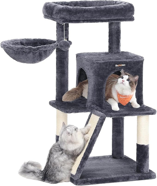 Feandrea Cat Tree, 37.8-Inch Cat Tower, Multi-Level Condo with Widened Perch, Scratching Posts and Ramp, 2-Door Cave, Hammock, Smoky Gray UPCT51G