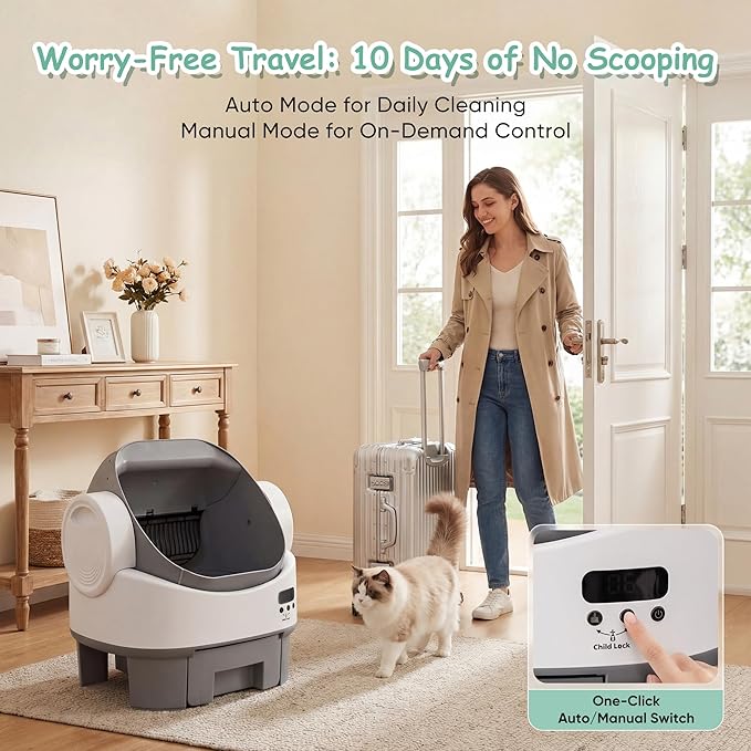 Greesum Self Cleaning Cat Litter Box, Open-Top Automatic Litter Box for Multiple Cats, No App or WiFi Needed, 10-Day Capacity, Safety Sensors, Easy Setup, 1-Year Warranty