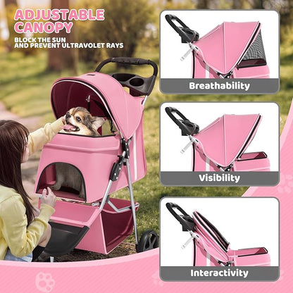 Magshion 3-Wheel Pet Stroller, Foldable Travel Jogger for Small & Medium Dogs & Cats (Up to 33lbs), Lightweight Carrier with Breathable Mesh Cover, Cup Holder & Storage Basket, Pink