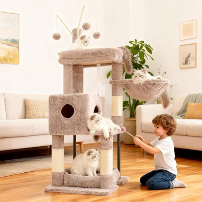 Heybly Cat Tree, 45.3-Inch Cat Tower for Indoor Cats with Large Perch, All-in-One Cat Furniture with Cozy Bed, Hidden Space Cat Condo, Comfy Hammock, Scratching Posts & 3 Pompoms, Muchroom HCT202SMU