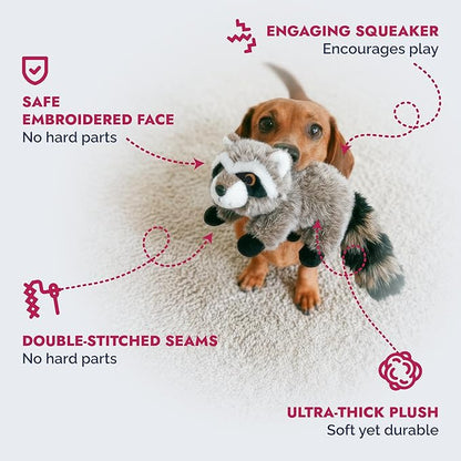 Pet Lou Raccoon Plush Dog Chew Ultra-Thick Toy, Durable Interactive Plush Toy for Medium Dogs, Anti Boredom Dog Squeaky Teething Toys, 8-Inch