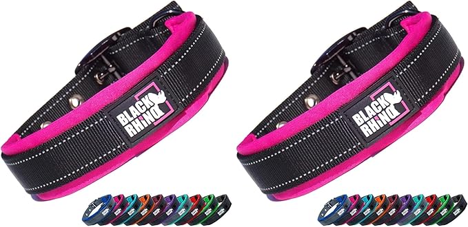 Black Rhino - The Comfort Collar Ultra Soft Neoprene Padded Dog Collar for All Breeds - Heavy Duty Adjustable Reflective Weatherproof (Small, Pink/Black) (Pack of 2)
