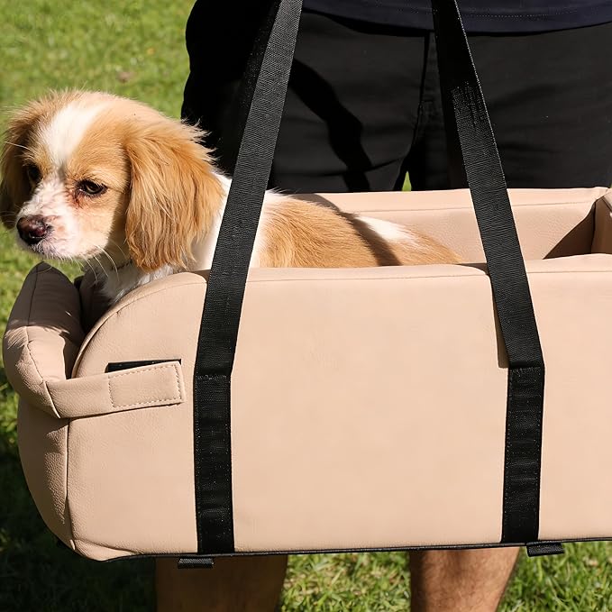 Waterproof Faux Leather Center Console Dog Car Seat, 2-in-1 Portable Puppy Carrier & Armrest Booster Seat for Small Dogs, Easy-to-Clean Tech Fabric, Sturdy Cushioned, Anti-Collapse Walls, Under 11 lbs