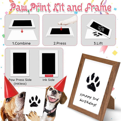 7Pcs Dog Birthday Toys Gifts, No-Mess Paw Print Keepsake Kit with Squeaky Dog Cake Toy, Plush Crinkle Toy, Pet-Safe Ink Pad & Photo Frame for Small Medium Dogs