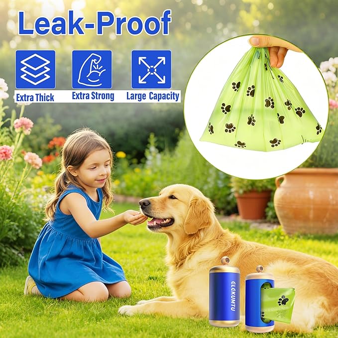 Dog Poop Bag Dispenser, Upgraded Aluminum Poop Bag Holders for Leashes, Durable Leakproof Pet Waste Holder w/Carabiner Clip, 2 Rolls Waste Bags Included, Outdoor Dog Walking Travel (Blue)