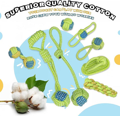 Dog Rope Toys for Small and Medium Dogs Durable Chew Toys for Aggressive Chewers Handwoven Interactive Tug of War and Fetch Toys for Teeth Cleaning, Stress Relief, Training (8Pcs, Ball and Slippers)