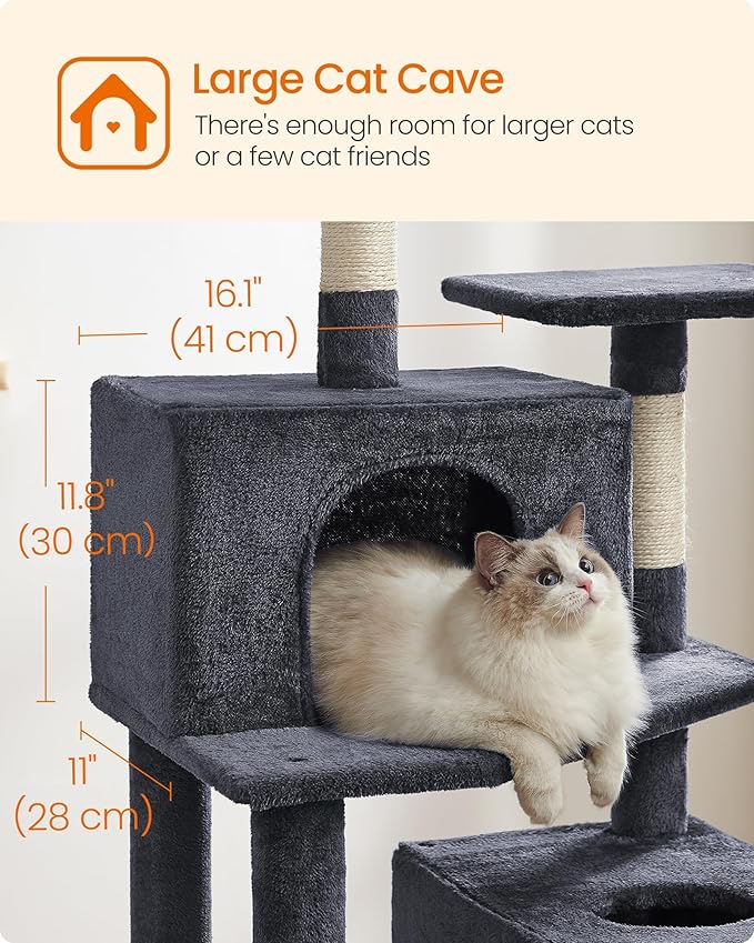 Feandrea Cat Tree, 73.2-Inch Tall Cat Tower, Plush Multi-Level Condo with 5 Scratching Posts, 2 Perches, 2 Caves, Hammock, 2 Pompoms, Smoky Gray UPCT191G01