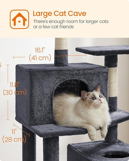 Feandrea Cat Tree, 73.2-Inch Tall Cat Tower, Plush Multi-Level Condo with 5 Scratching Posts, 2 Perches, 2 Caves, Hammock, 2 Pompoms, Smoky Gray UPCT191G01