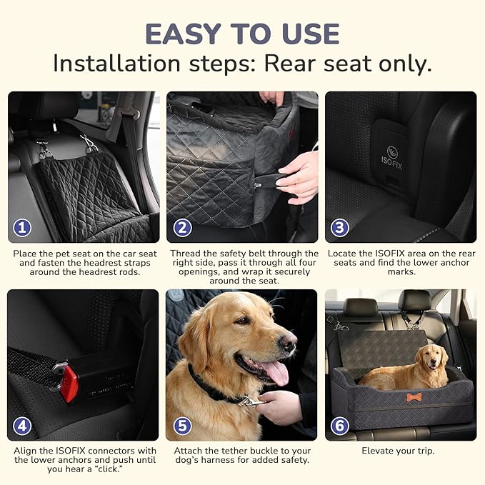 Dog Car Seat for Medium Large Dogs, 4" Elevated Booster Seat with ISOFIX Safety Fixation, Washable Cover & High Density Memory Foam, Portable for Car Front/Rear/Trunk Home Outdoor Use (Charcoal Gray)