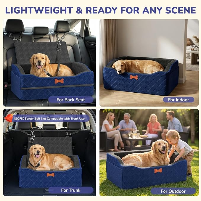Dog Car Seat for Medium Large Dogs, 4" Elevated Dog Booster Seat with ISOFIX Safety Fixation, Washable Cover & High Density Memory Foam, Portable for Car Front/Rear/Trunk Home Outdoor Use (Navy Blue)