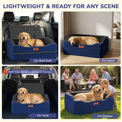 Dog Car Seat for Medium Large Dogs, 4" Elevated Dog Booster Seat with ISOFIX Safety Fixation, Washable Cover & High Density Memory Foam, Portable for Car Front/Rear/Trunk Home Outdoor Use (Navy Blue)