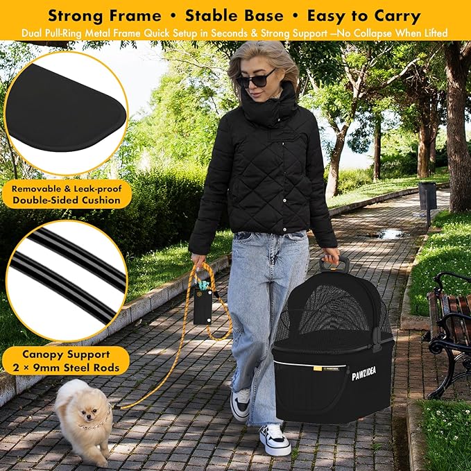 PAWZIDEA Portable Small Dog Crate for Car Travel up 33lbs, Enclosed Dog Car Seat Soft-Sided, Escape-Proof Reversible No-Zip Canopy, Foldable Pet Carrier Seatbelt for Small Medium Puppies & Cats Kennel