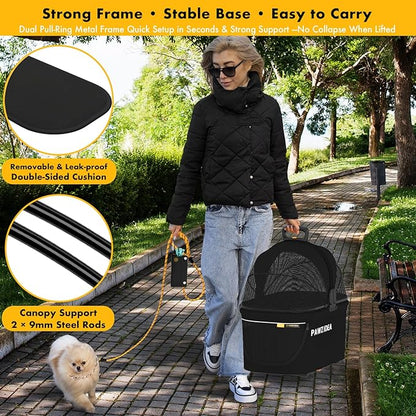 PAWZIDEA Portable Small Dog Crate for Car Travel up 33lbs, Enclosed Dog Car Seat Soft-Sided, Escape-Proof Reversible No-Zip Canopy, Foldable Pet Carrier Seatbelt for Small Medium Puppies & Cats Kennel