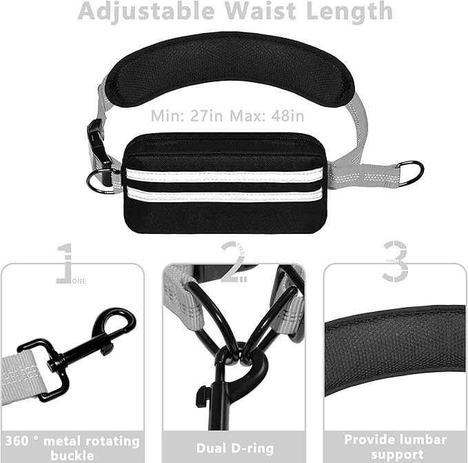 Hands Free Dog Leash with Zipper Pouch, Running Waist Leash for Dog Walking, Adjustable Waist Belt for Large Dogs, Reflective Bungee Design with Two Handle for Hiking, Training, Grey