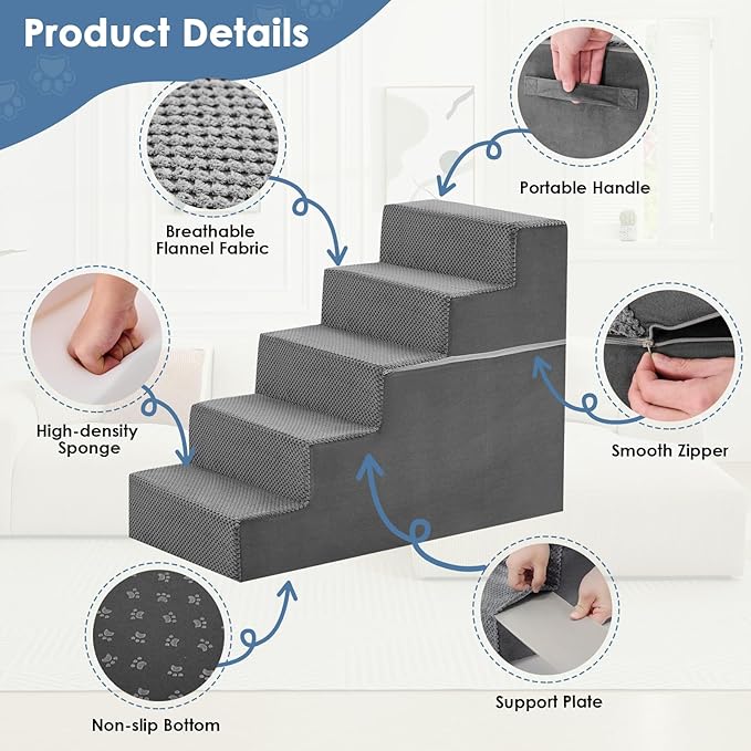 DUMOS Dog Stairs for Medium Dogs, 5-Steps Non-Slip Balanced Extra Wide Indoor Foldable Dog Steps with Density Foam & Washable Cover, Cat Puppy Old Pet Stairs for High Bed, Couch, Sofa - Grey, 27" H
