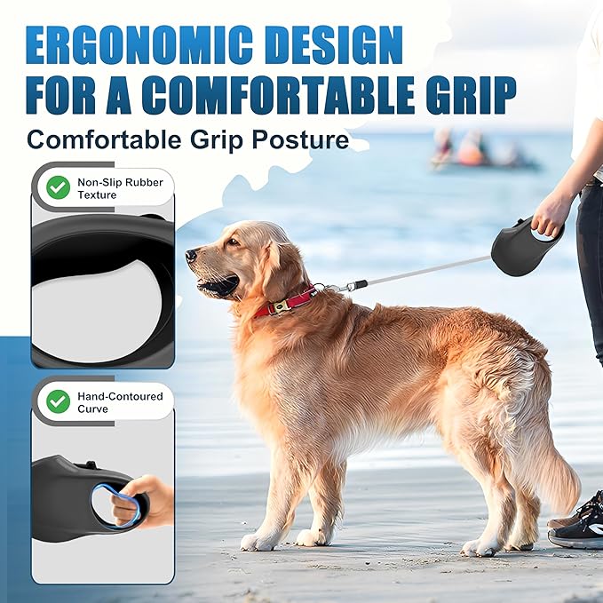 Retractable Dog Leash, 16 ft Strong Nylon Tape, 360° Tangle-Free, One-Handed Brake, Pause and Lock, Durable Non-Slip Handle, Lightweight, for Small, Medium and Large Breeds up to 88 lbs, Black