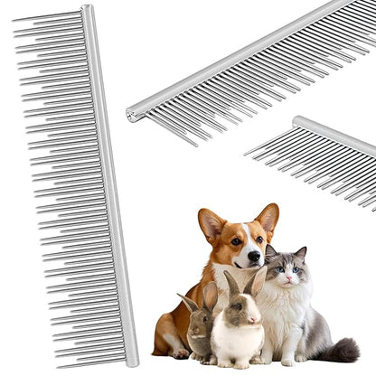 Professional 4.7 In Dual Tooth Pet Grooming Comb for Long-Haired Cats and Dogs, Metal Dematting Tool for Tangles, Knots, Undercoat and Excess Hair, Rounded Corners for Safe Deshedding and Detangling