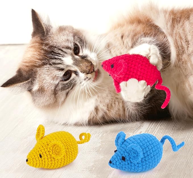 Retro Shaw Catnip Toys Crochet Mouse 6 Pcs - 100% Natural Catnip & Silvervine Blend Yarn Cat Nip Mice, Durable Hand-Knitted Teething Chew Toy for Indoor Cats & Kittens, Interactive Play & Dental Care