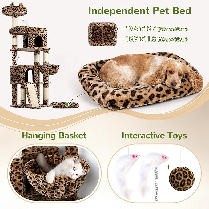 Globlazer Heavy Duty Cat Trees for Large Cats, Sturdy 72in Maine Coon Cat Tree for Large Cat 20 lbs+ Heavy Duty Cat Tower for Adult Biggest Cats with 6 Scratching Posts, Hammock, S72, Leopard Print