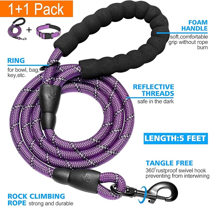 Reflective Dog Collar Padded with Soft Neoprene Breathable Adjustable Nylon Dog Collars for Small Medium Large Dogs (Small (Pack of 1), Purple Collar+Leash)