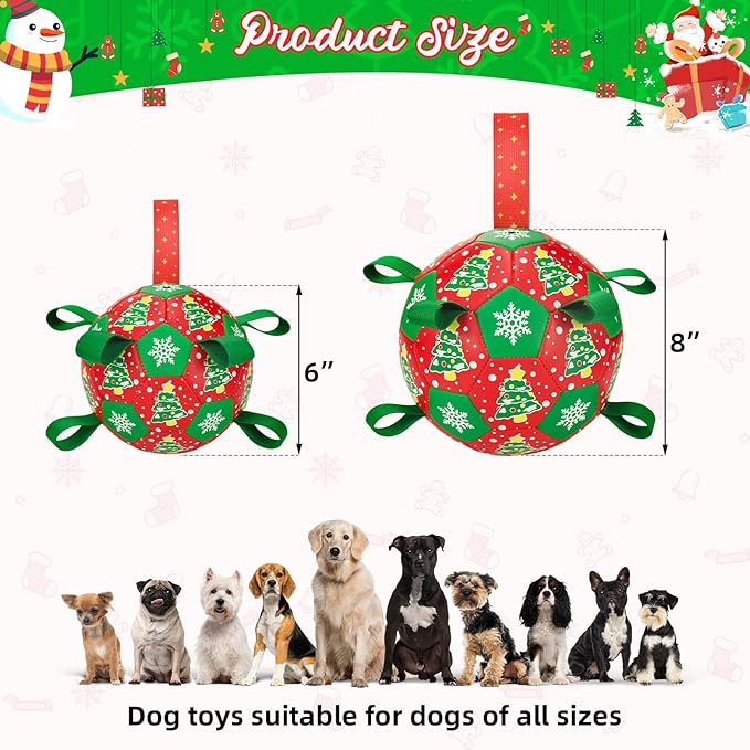 Christmas Soccer Ball Dog Toy With Straps for Interactive Play and Tug of War - Christmas Tree & Snowflower Pattern for Small, Medium, Big Dogs (6 Inches)